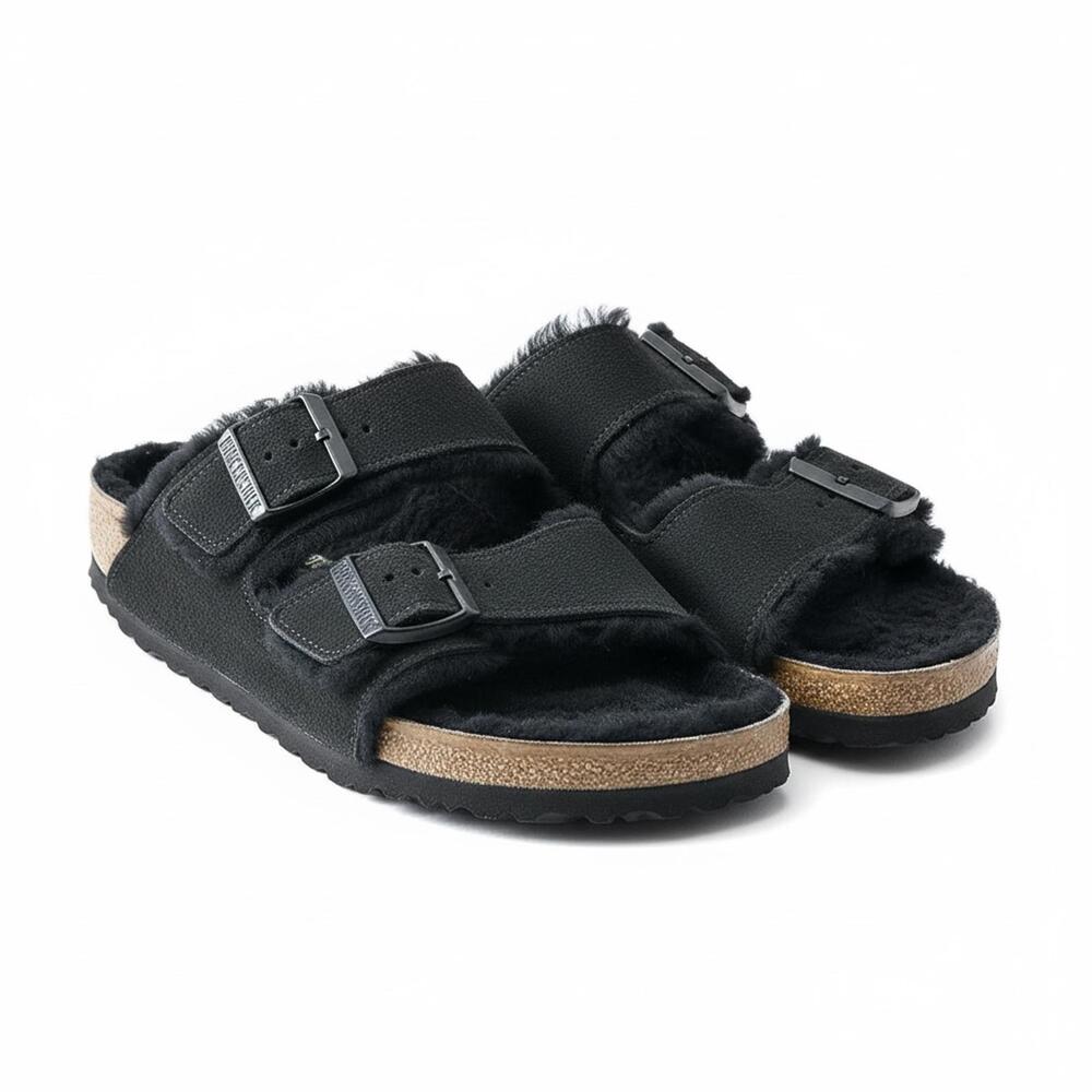 Birkenstock Arizona Shearling Lined Black Suede Slide Sandals